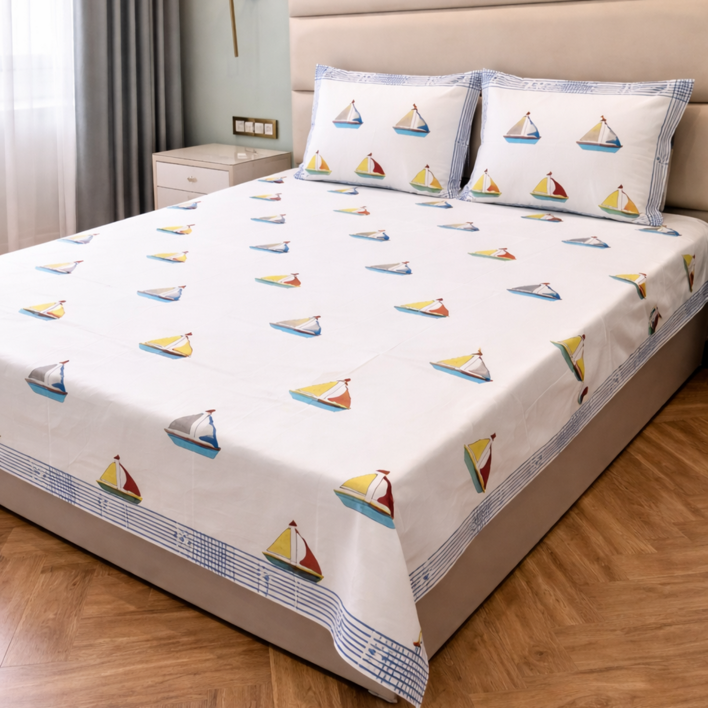 Yatcht Fun Kids King Pure Cotton Bedsheet-Blue