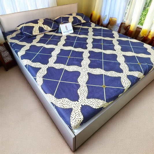 Geometric Queen Glaze  Cotton Bedsheet — Dark Blue