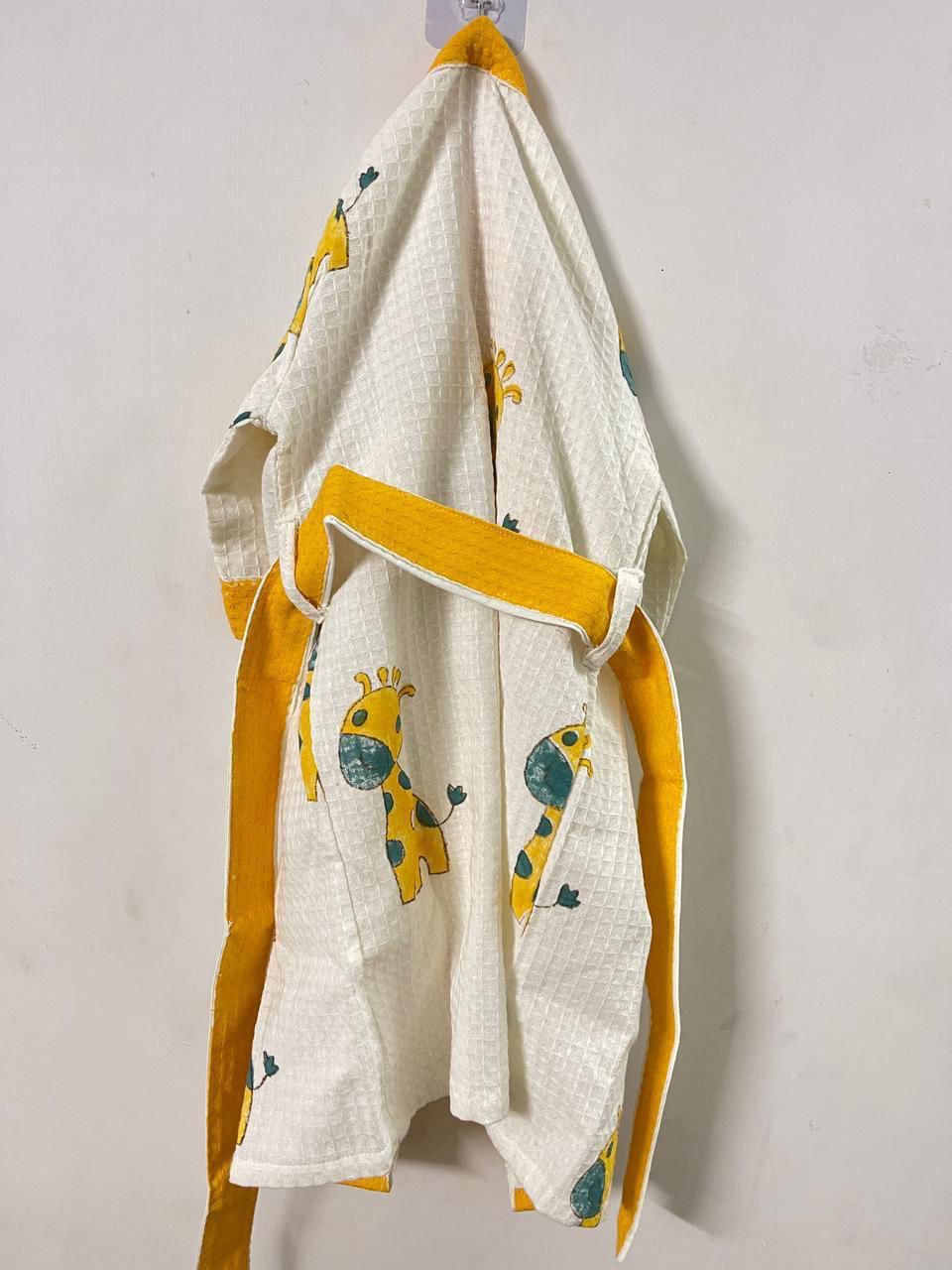 Kids Handblock Printed Waffle Bathrobe-  Sunny Giraffe