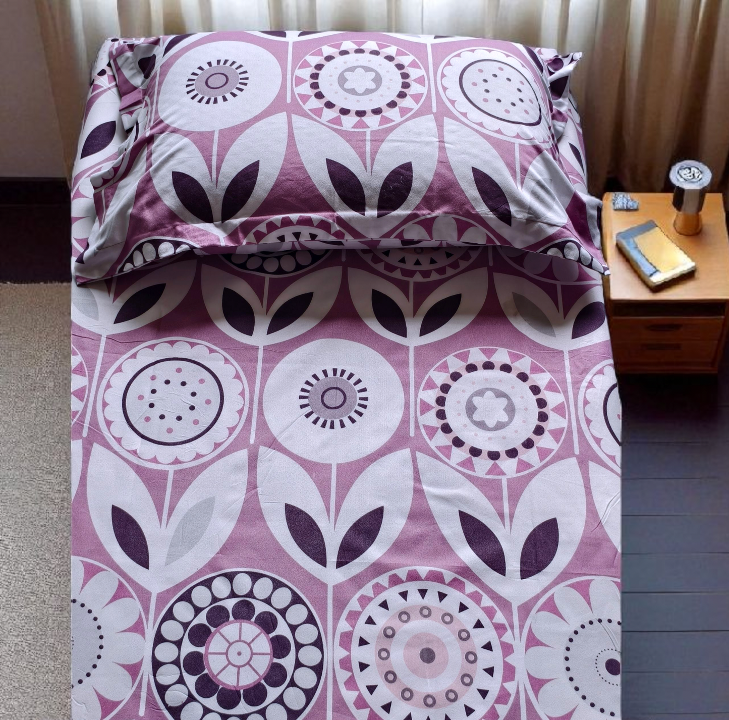 Floral Single Glaze  Cotton Bedsheet — Pink