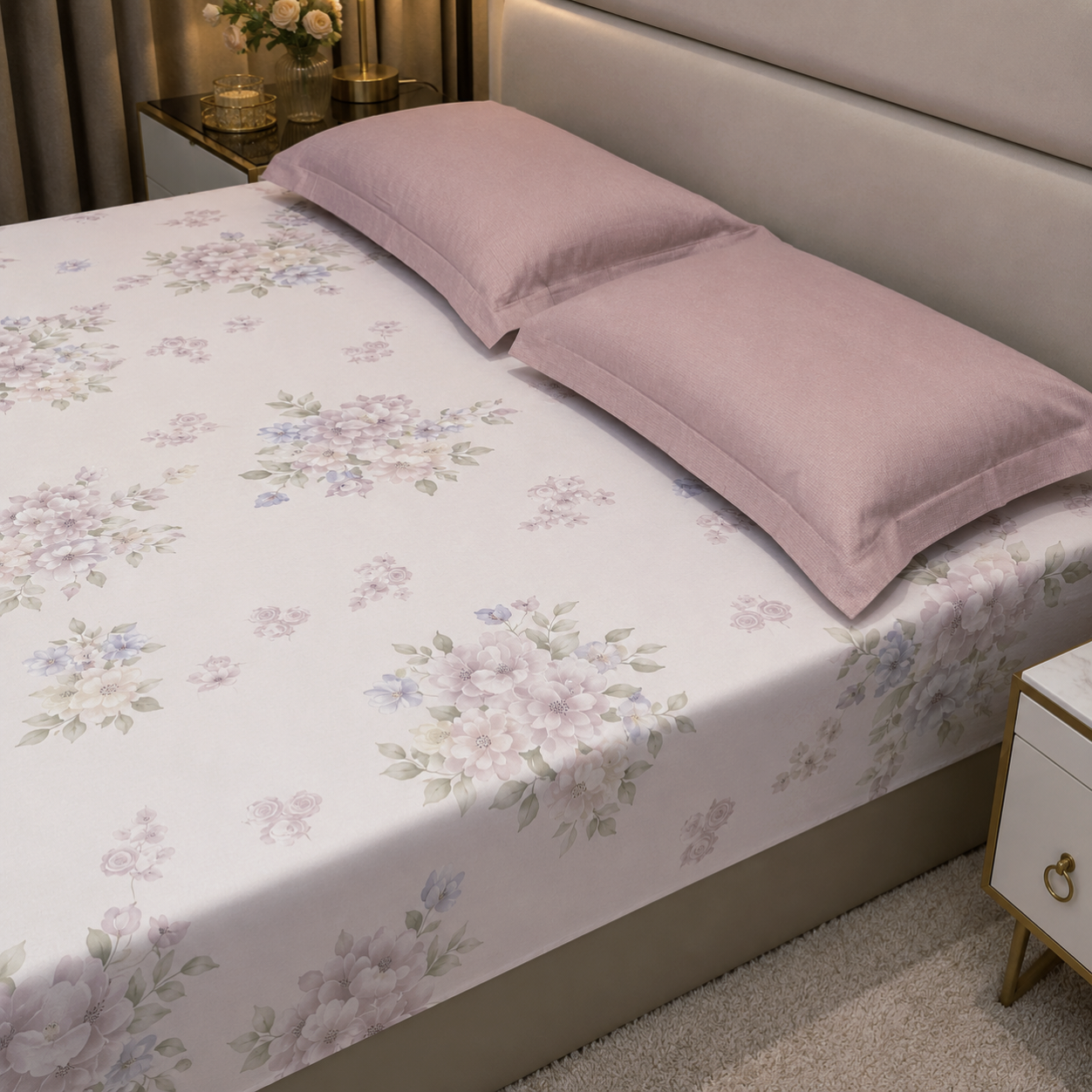 Floral Queen Pure Cotton Bedsheet —Pastel Pink