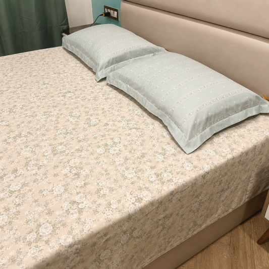 Floral Queen Pure Cotton Bedsheet —  Beige