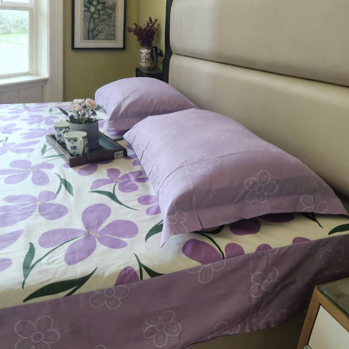 Floral King Pure Cotton Bedsheet — Purple