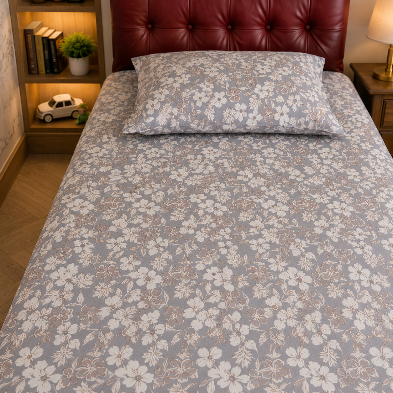 Floral Single Pure Cotton Bedsheet —Grey