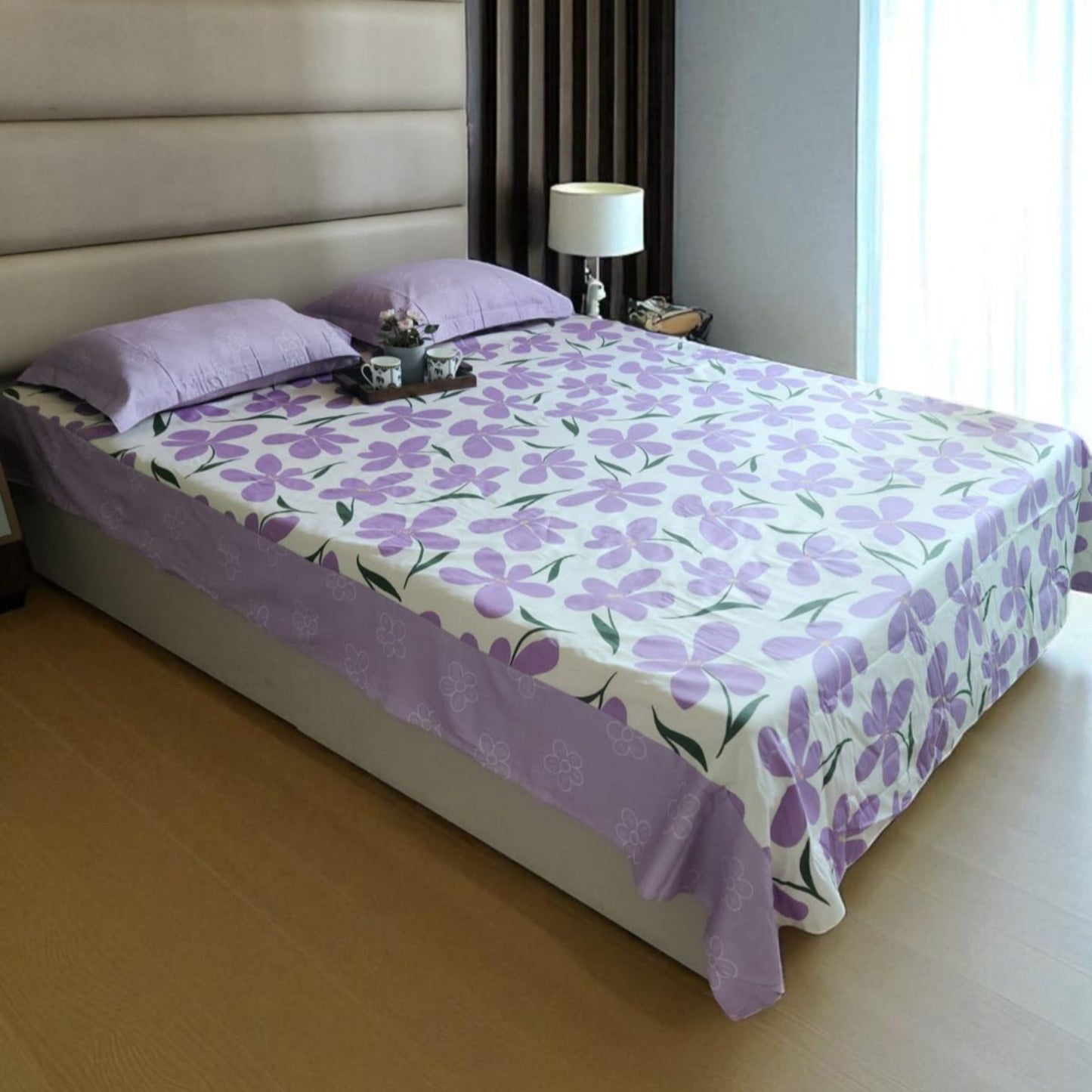 Floral King Pure Cotton Bedsheet — Purple