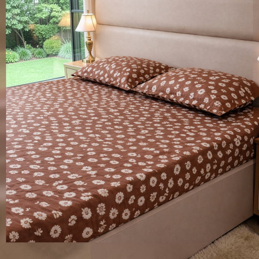 Floral Queen Glaze  Cotton Bedsheet —Brown Buttis
