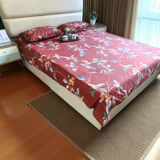 Floral Queen Glaze  Cotton Bedsheet —Maroon
