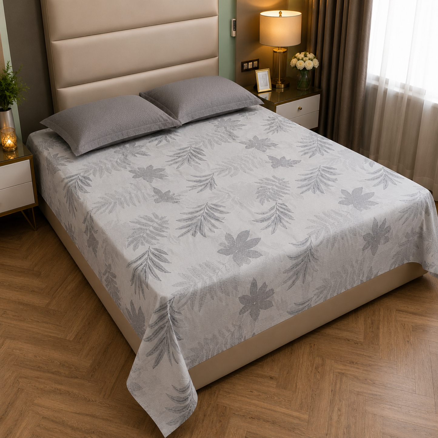 Floral Queen Pure Cotton Bedsheet —Grey