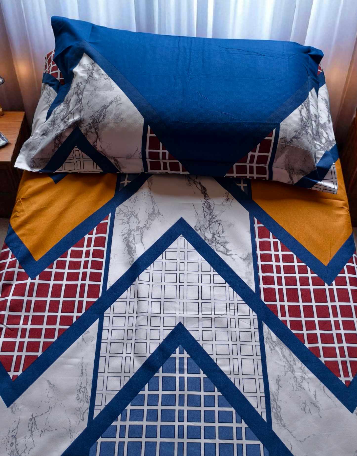 Geometric Single Glaze  Cotton Bedsheet — Deep Blue