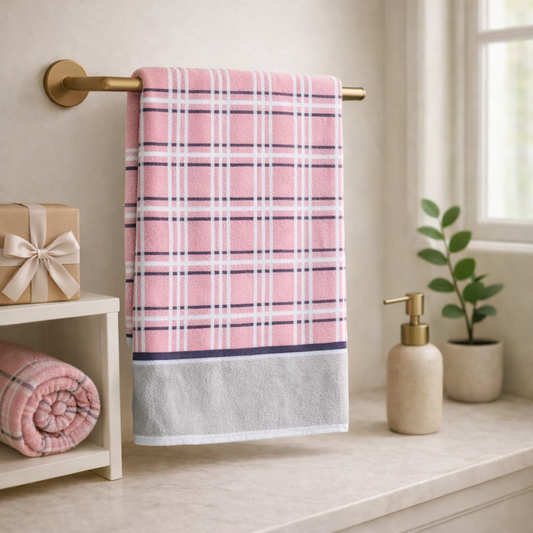 Checks Cotton Bath Towel -Pink