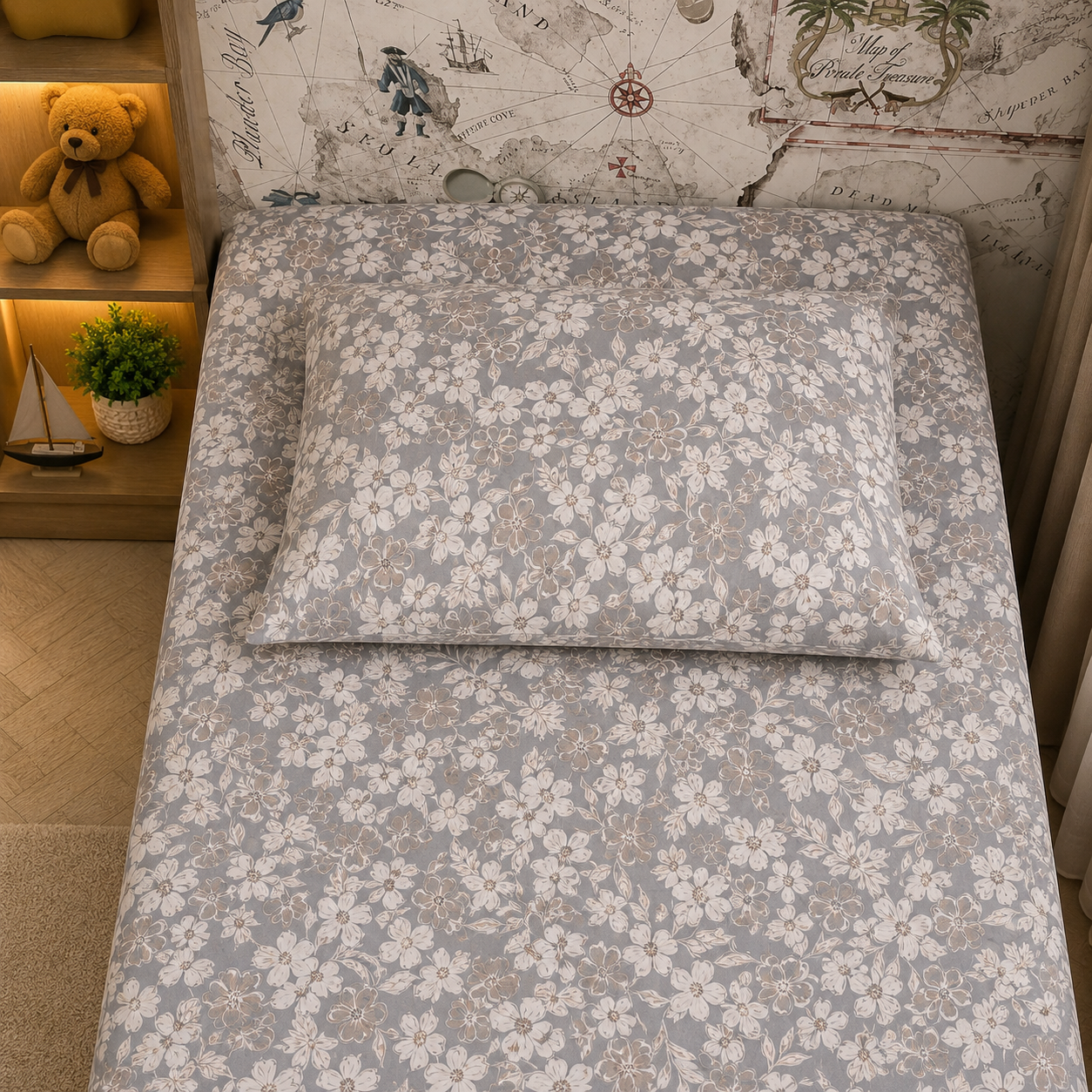 Floral Single Pure Cotton Bedsheet —Grey