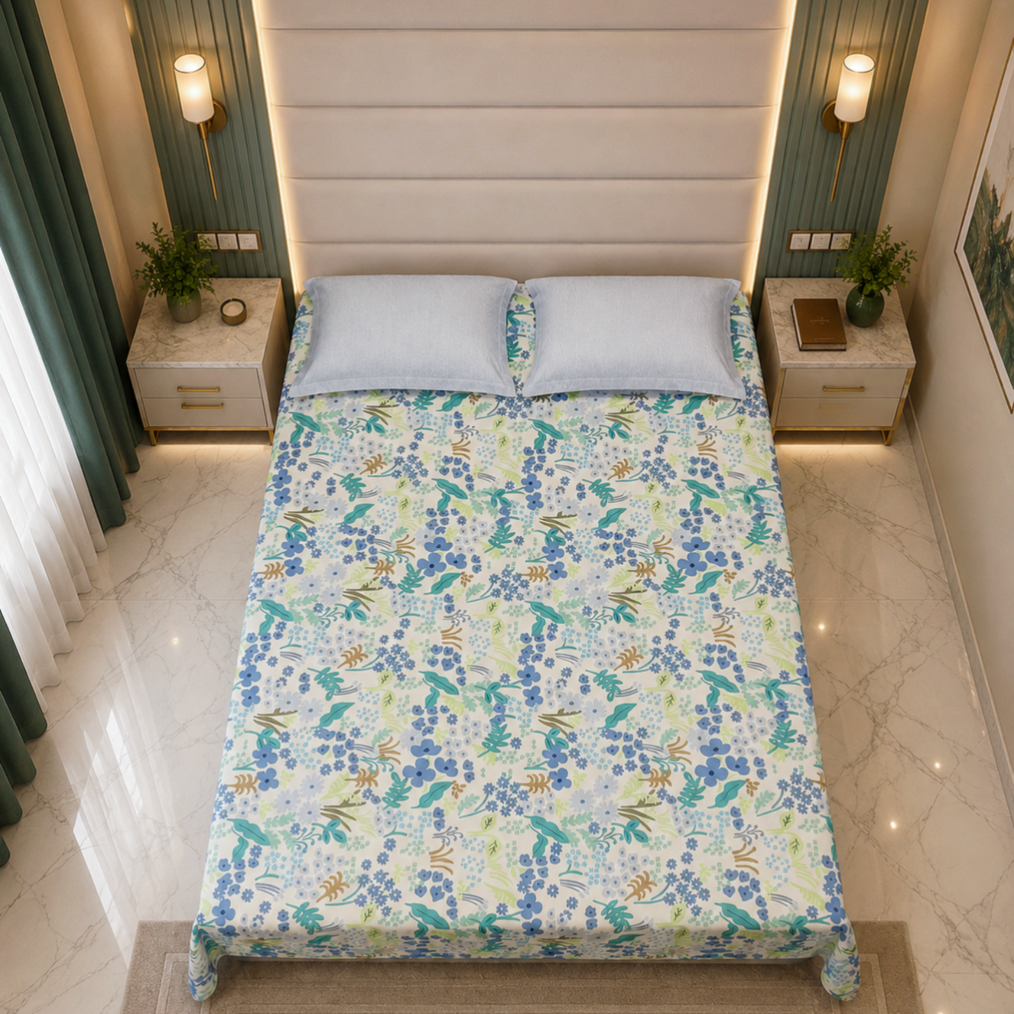 Floral King Pure Cotton Bedsheet —Aqua