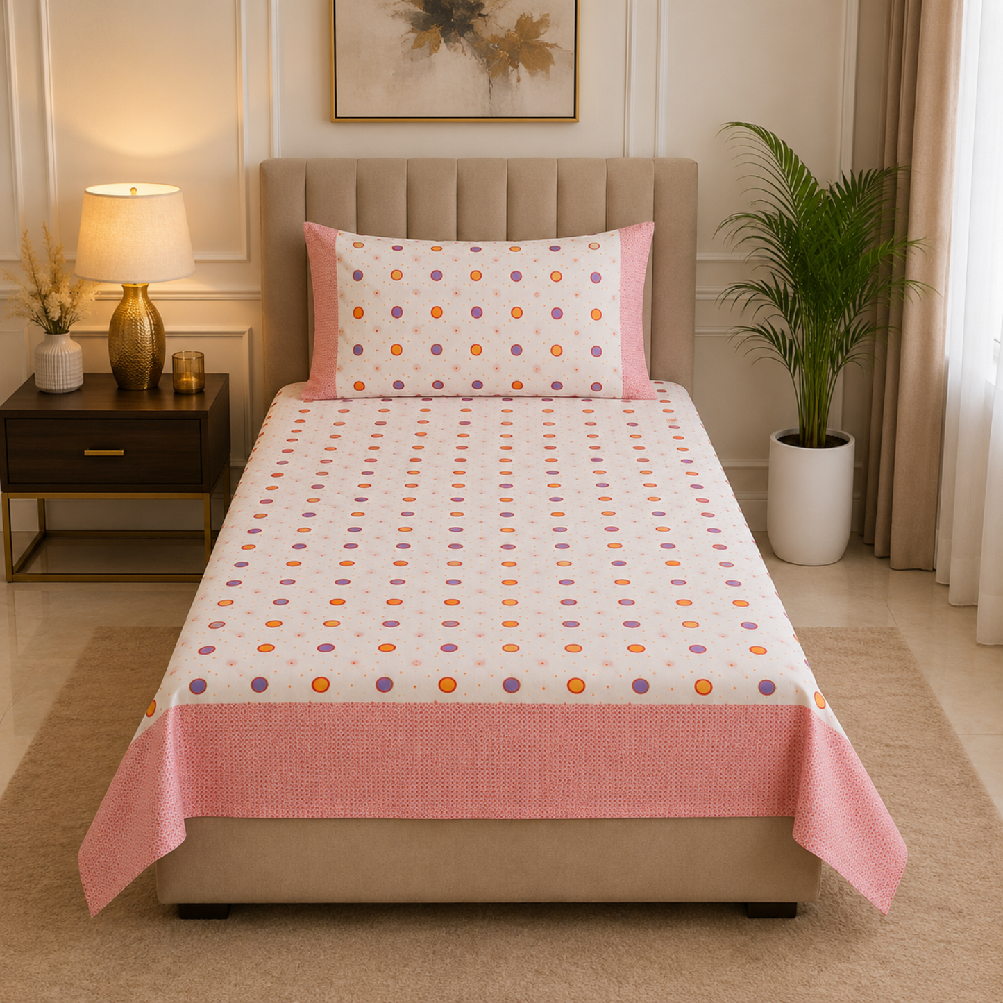 Geometric Single Pure Cotton Bedsheet — White Multi Dots