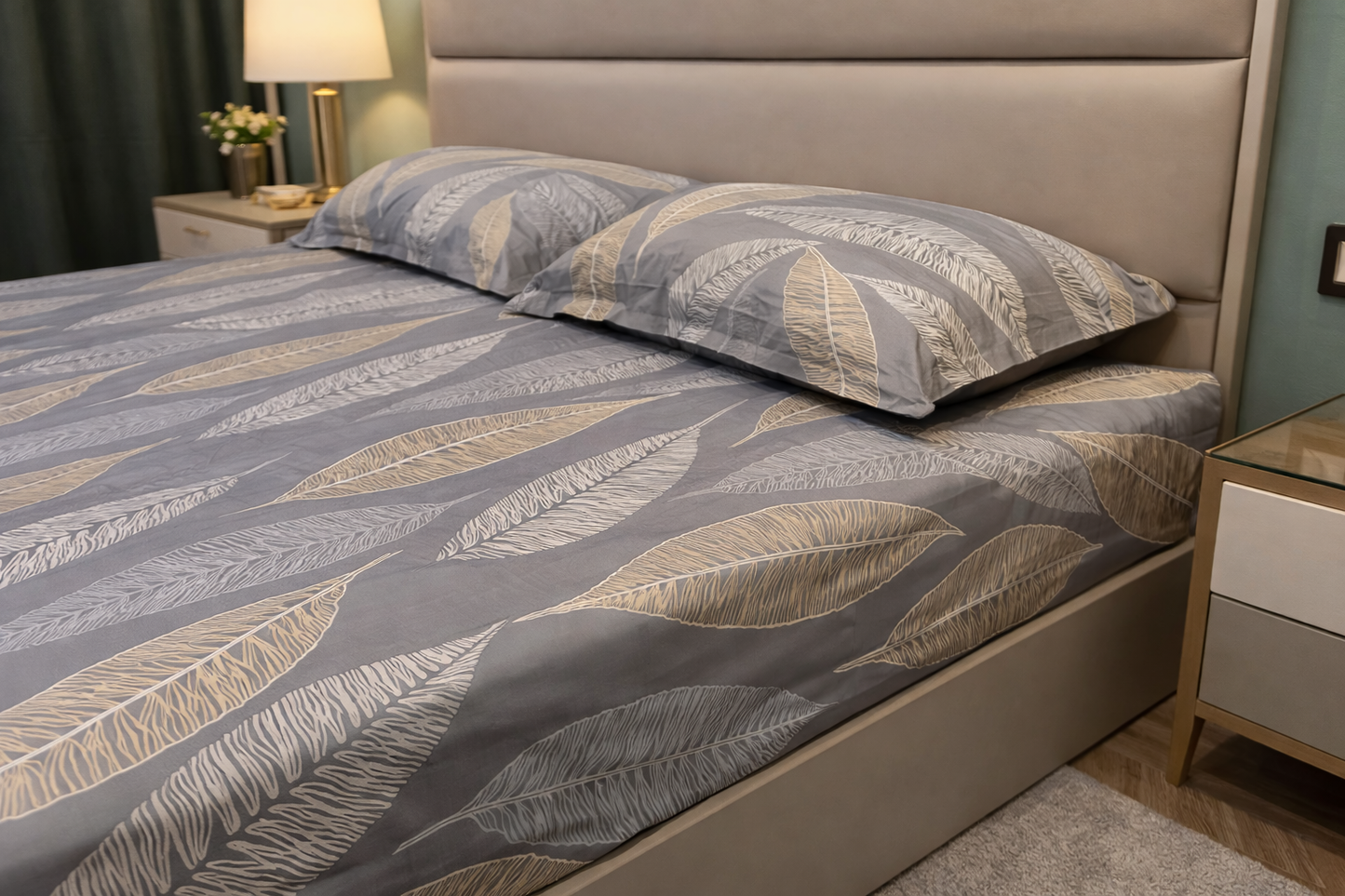Floral Queen Pure Cotton Bedsheet —Grey Leafy Print