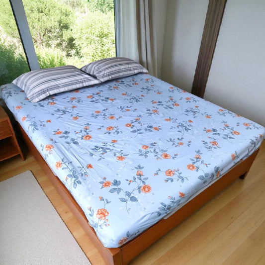 Floral Queen Pure Cotton Bedsheet — Blue-Q02