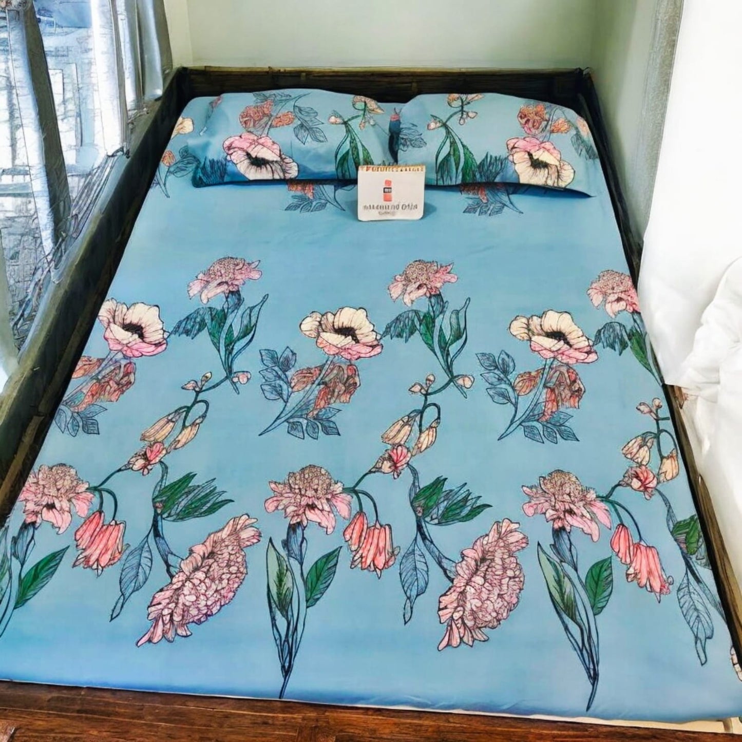 Floral Queen Glaze  Cotton Bedsheet — Blue-G02