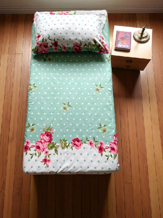Floral Single Glaze  Cotton Bedsheet — Mint Green