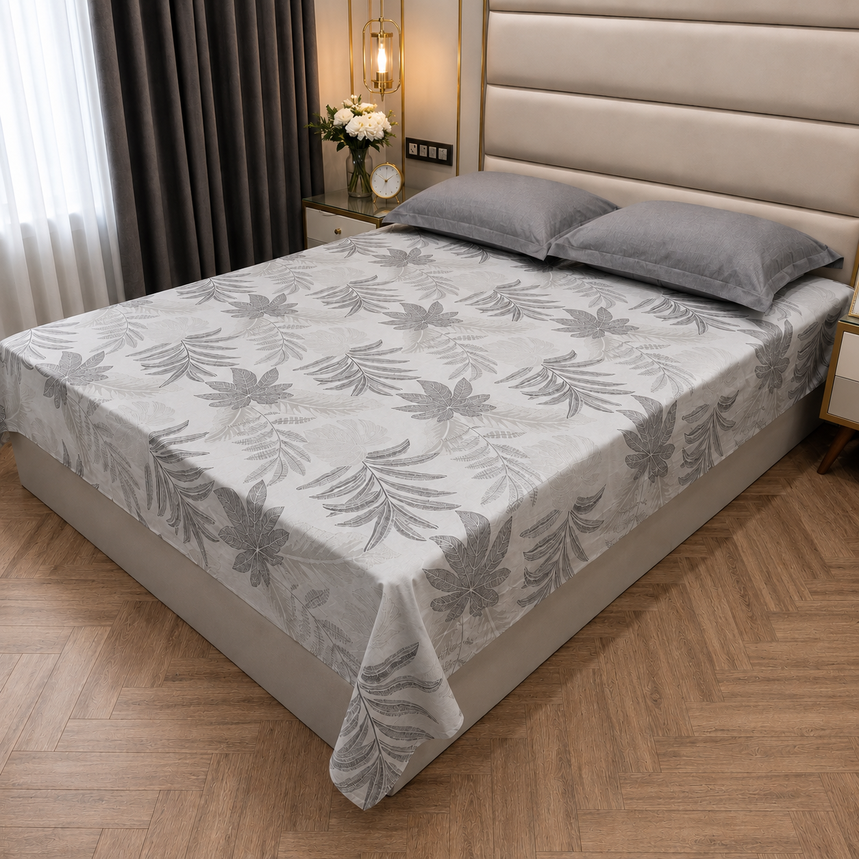 Floral Queen Pure Cotton Bedsheet —Grey