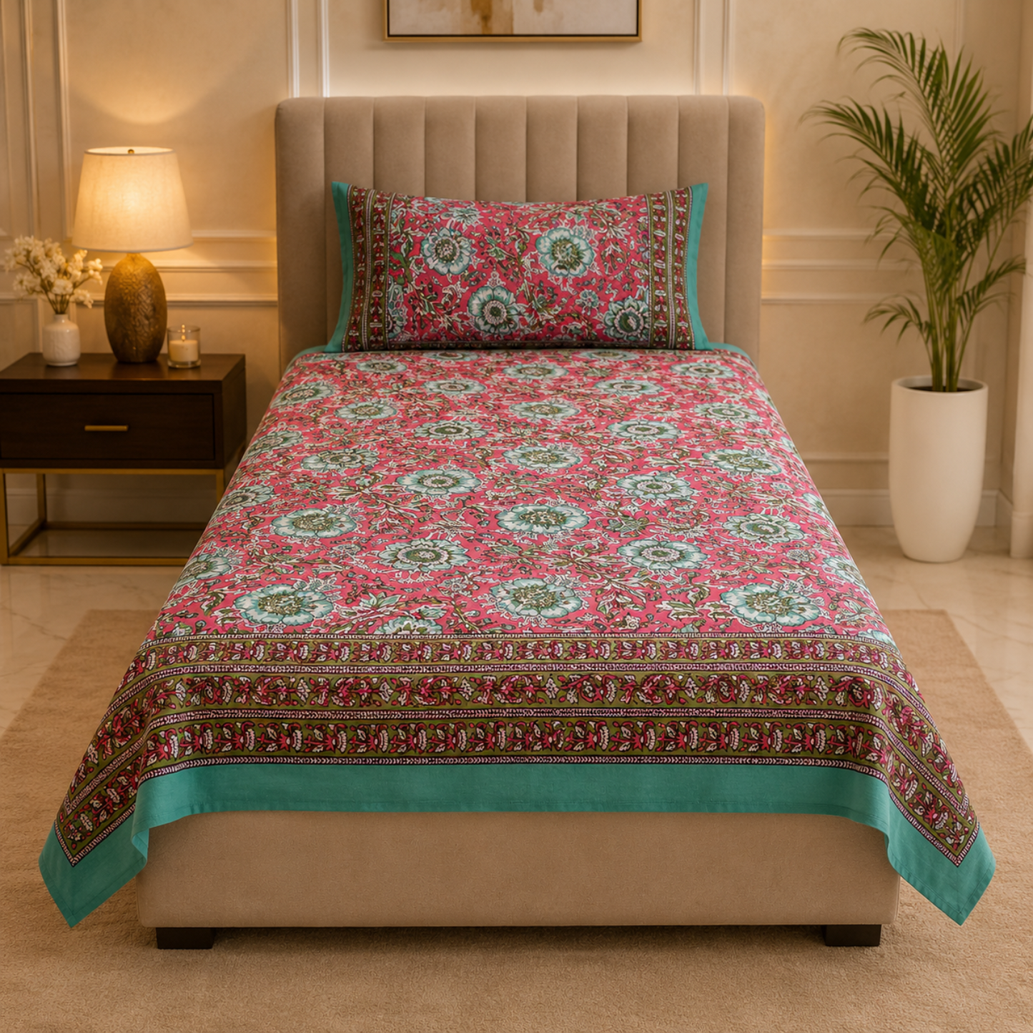 Floral Single Pure Cotton Bedsheet —Pink