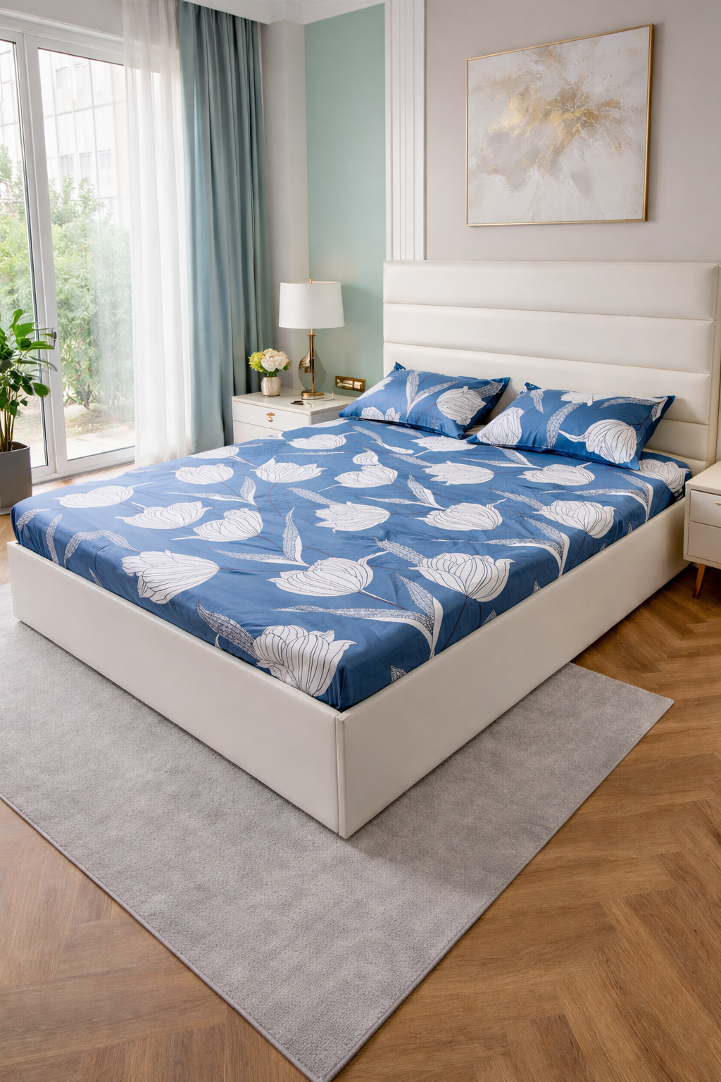 Floral Queen Glaze  Cotton Bedsheet —Aqua Flowers