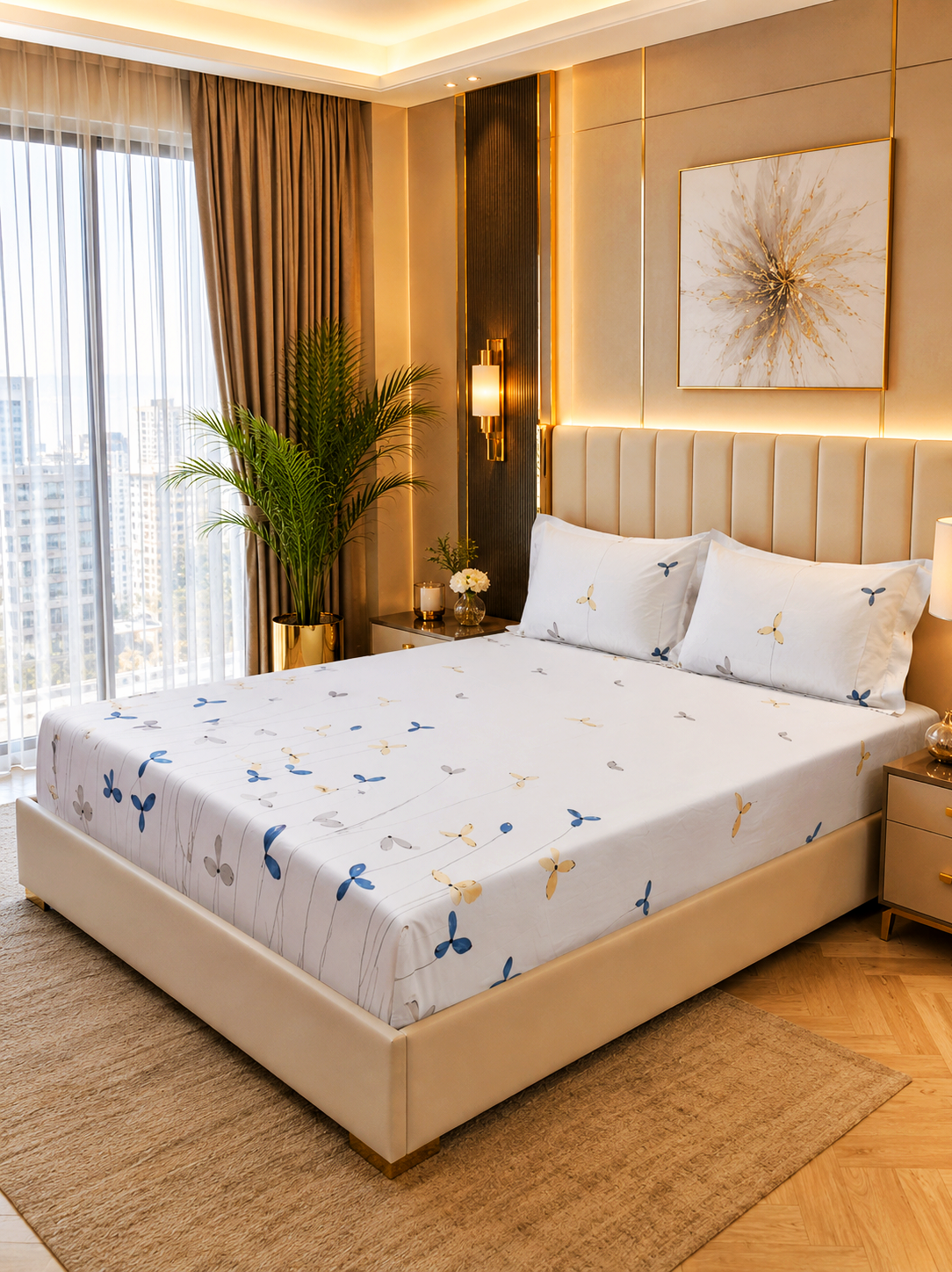 Floral King Pure Cotton Bedsheet — White-F02