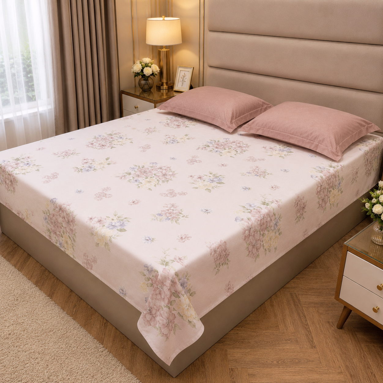 Floral Queen Pure Cotton Bedsheet —Pastel Pink
