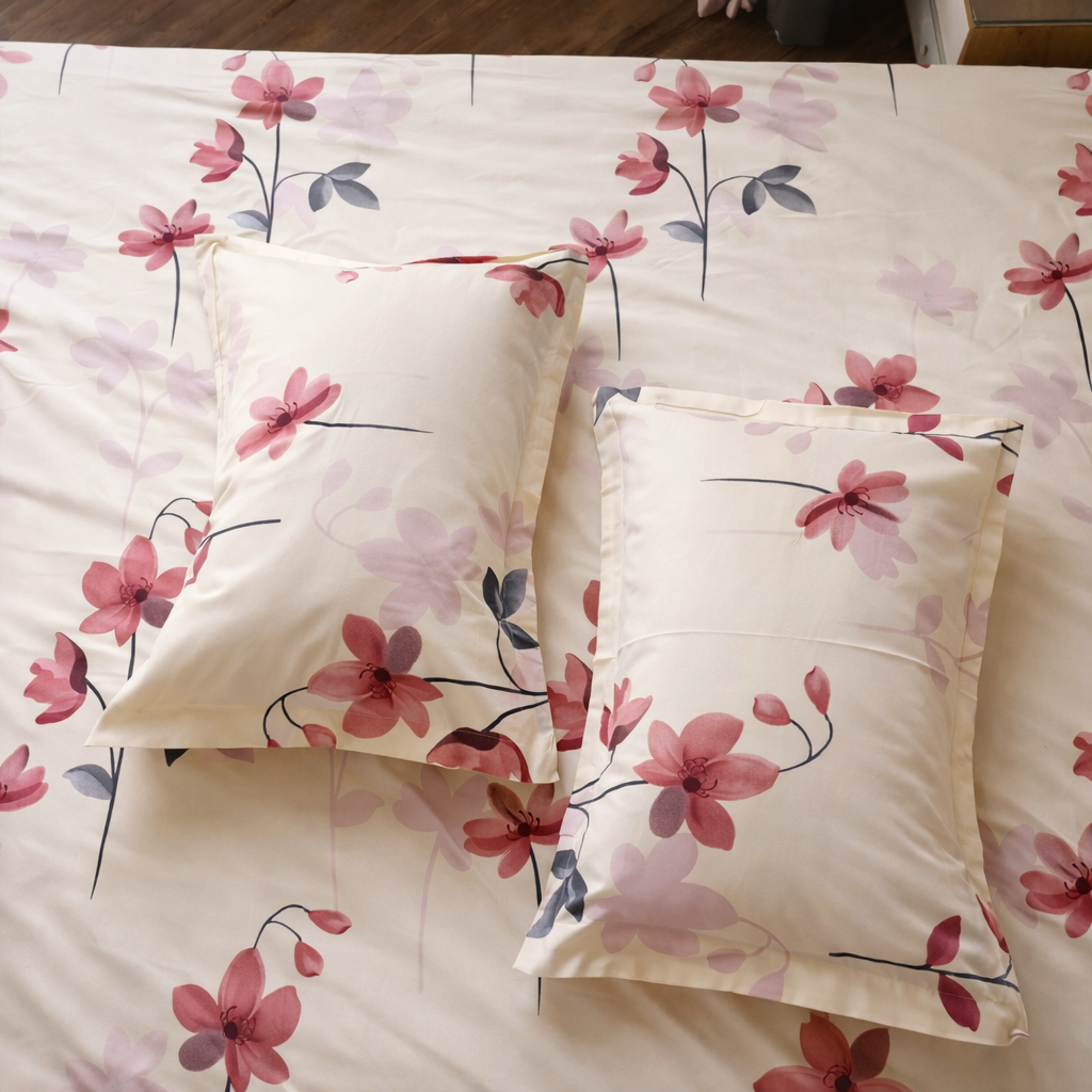 Floral Queen Glaze  Cotton Bedsheet —Cream Flowers