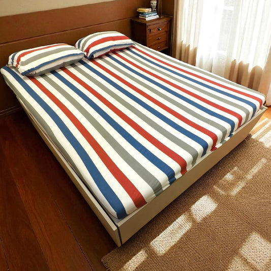 Geometric Queen Pure Cotton Bedsheet — Multicolour Stripes