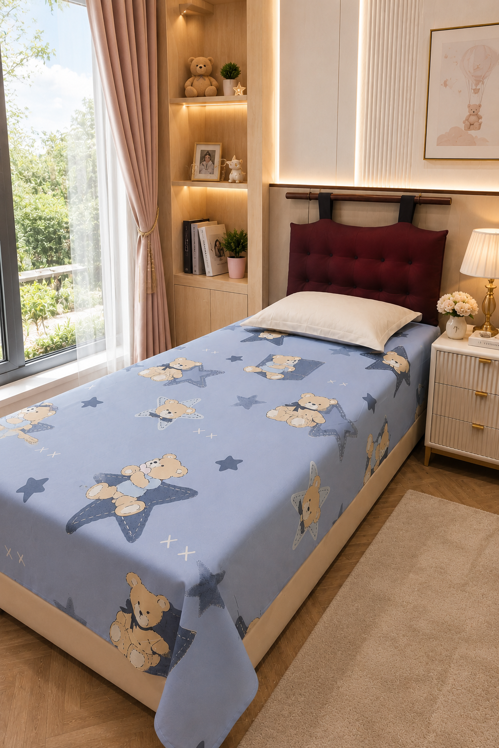 Kids Single Pure  Cotton Bedsheet — Blue Teddy