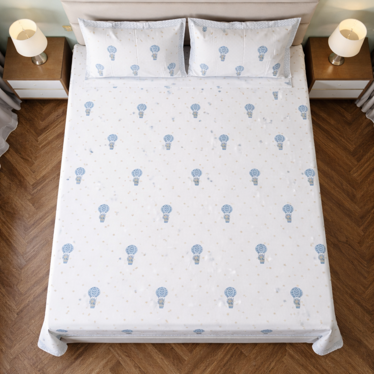 Hot Air Ballon Kids King Pure Cotton Bedsheet- Blue