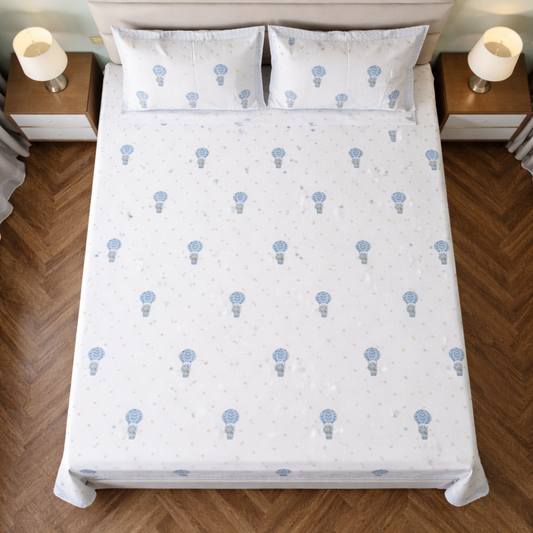 Hot Air Ballon Kids King Pure Cotton Bedsheet- Blue