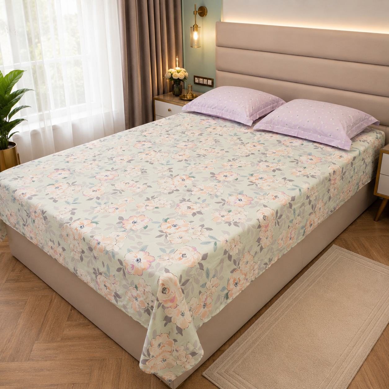 Floral Queen Pure Cotton Bedsheet —Pastel Green
