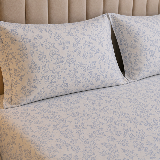 Floral Queen Glaze  Cotton Bedsheet — Blue