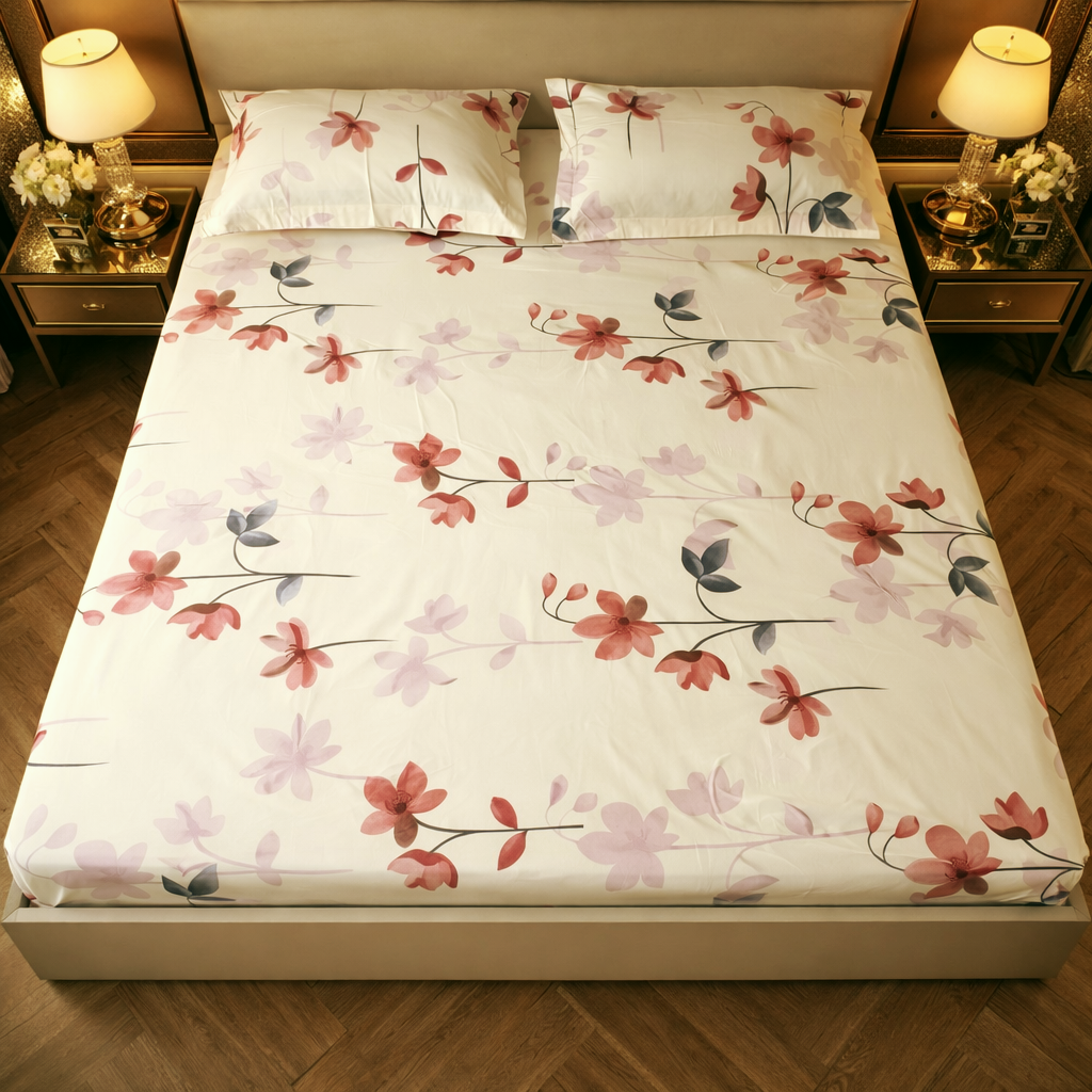 Floral Queen Glaze  Cotton Bedsheet —Cream Flowers