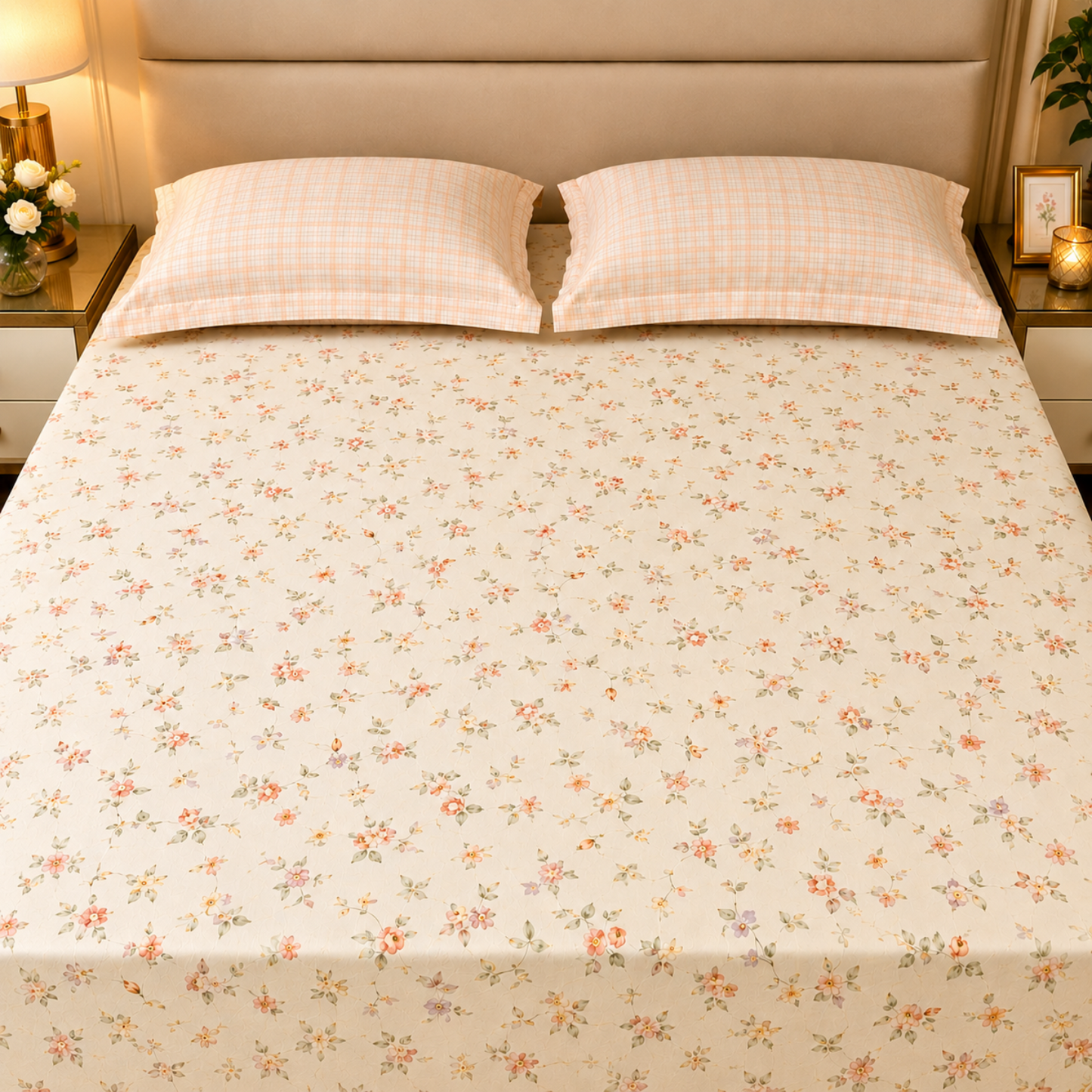 Floral Queen Pure Cotton Bedsheet —Cream