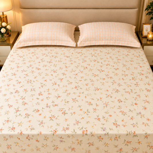 Floral Queen Pure Cotton Bedsheet —Cream