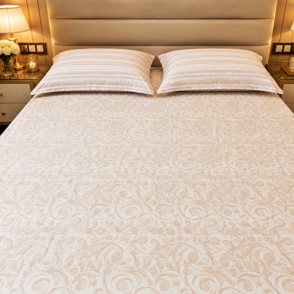 Geometric Queen Pure Cotton Bedsheet —Beige