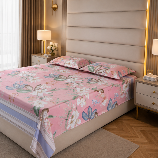 Floral King Pure Cotton Bedsheet — Deep Pink