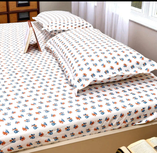 Floral Queen Glaze  Cotton Bedsheet —Dual Flowers