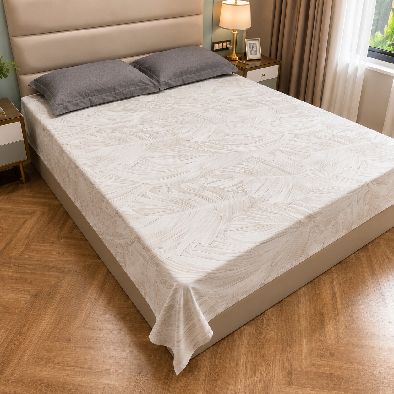 Geometric Queen Pure Cotton Bedsheet —Feather Print