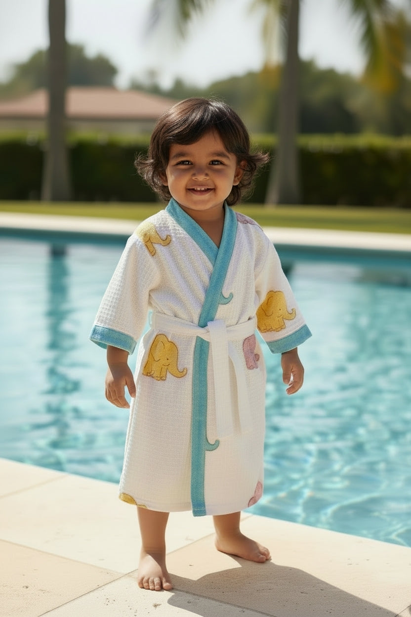 Kids Handblock Printed Waffle Bathrobe-Rainbow Elephants