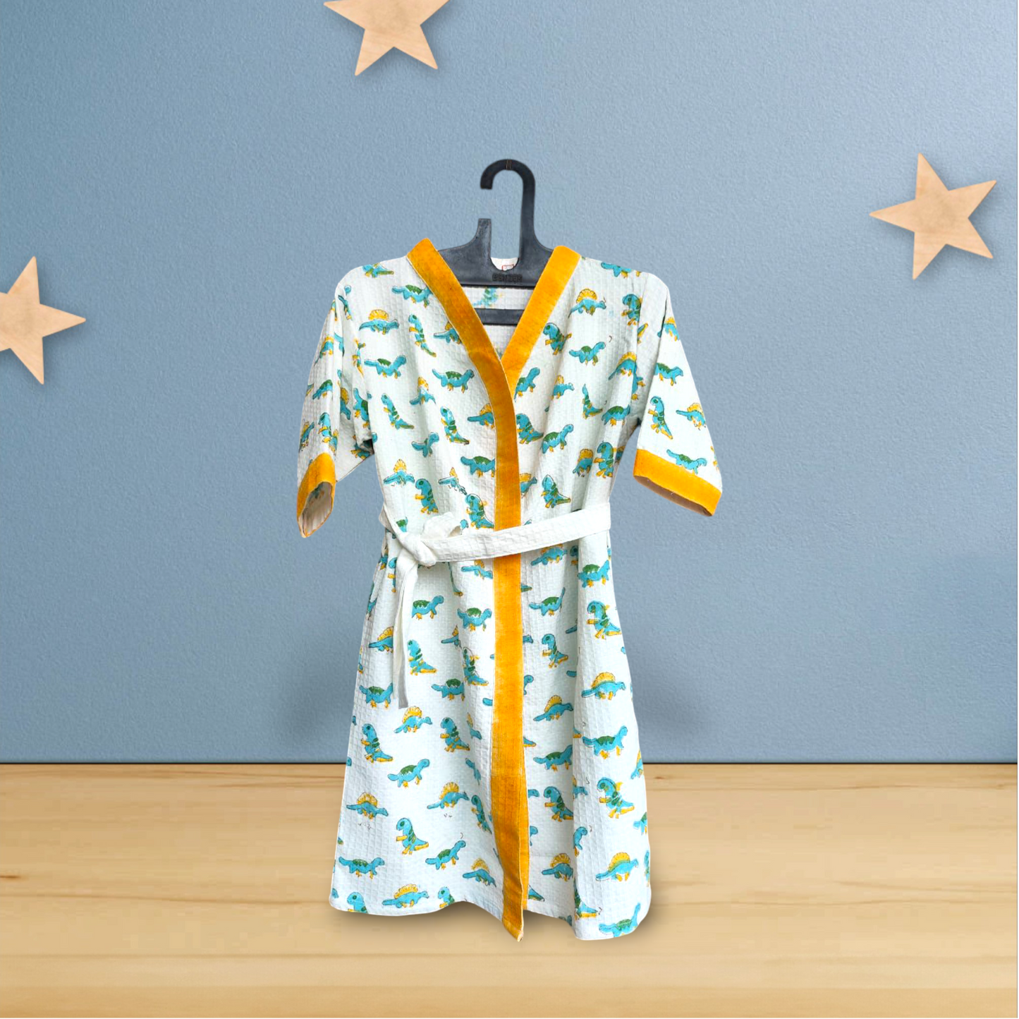 Kids Handblock Printed Waffle Bathrobe-Tiny Dinos