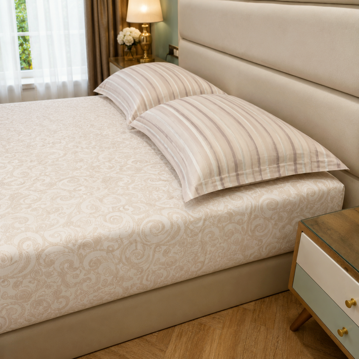 Geometric Queen Pure Cotton Bedsheet —Beige