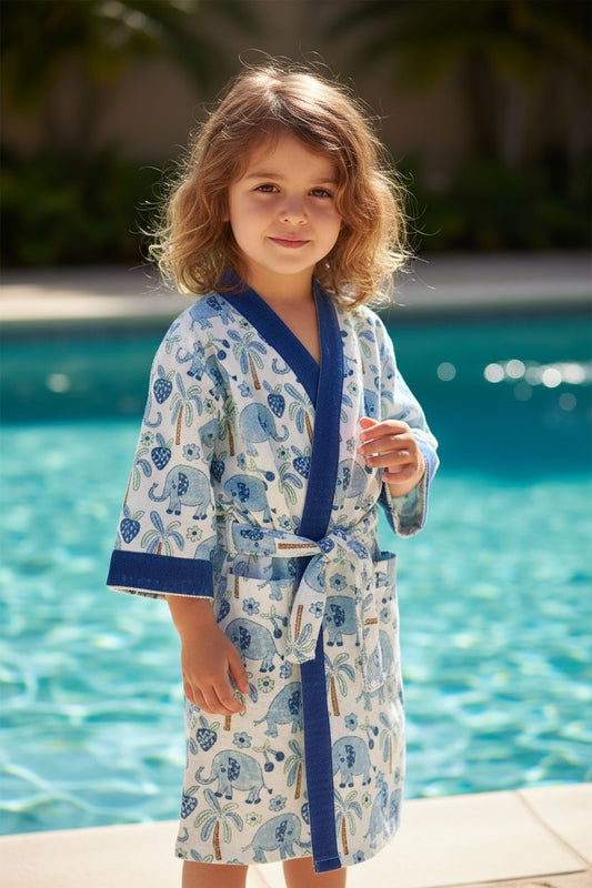 Kids Handblock Printed Waffle Bathrobe-Aqua Elephants