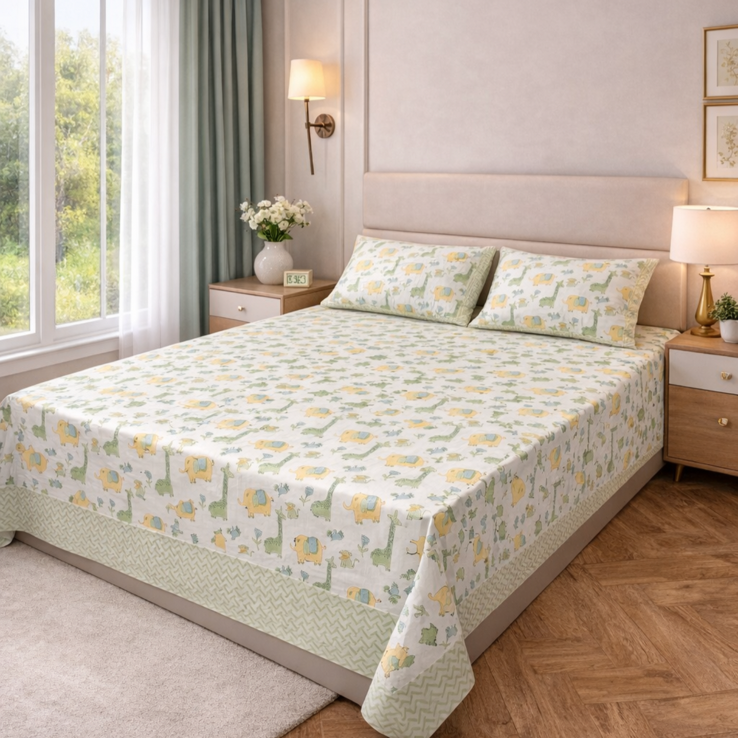 Safari Animal Kids King Pure Cotton Bedsheet- Multicolour