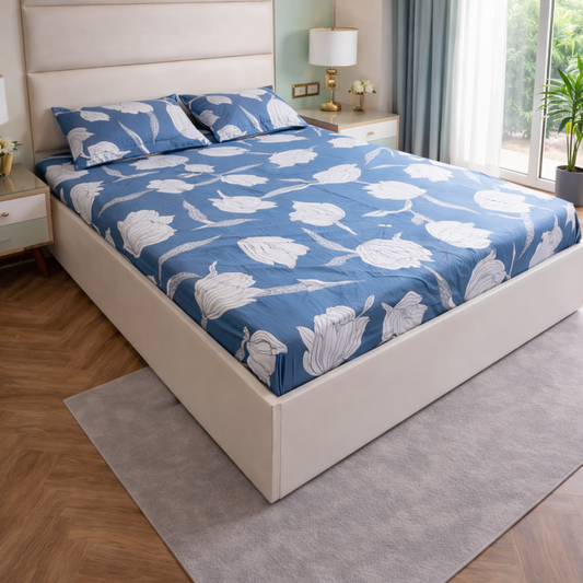 Floral Queen Glaze  Cotton Bedsheet —Aqua Flowers