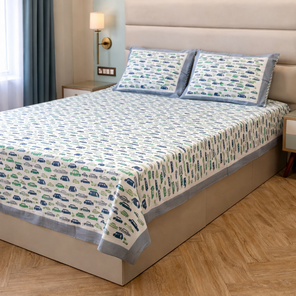 Mini Car King Pure Cotton Bedsheet- Multicolour