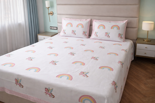 Unicorn Dream Kids King Pure Cotton Bedsheet-Pink