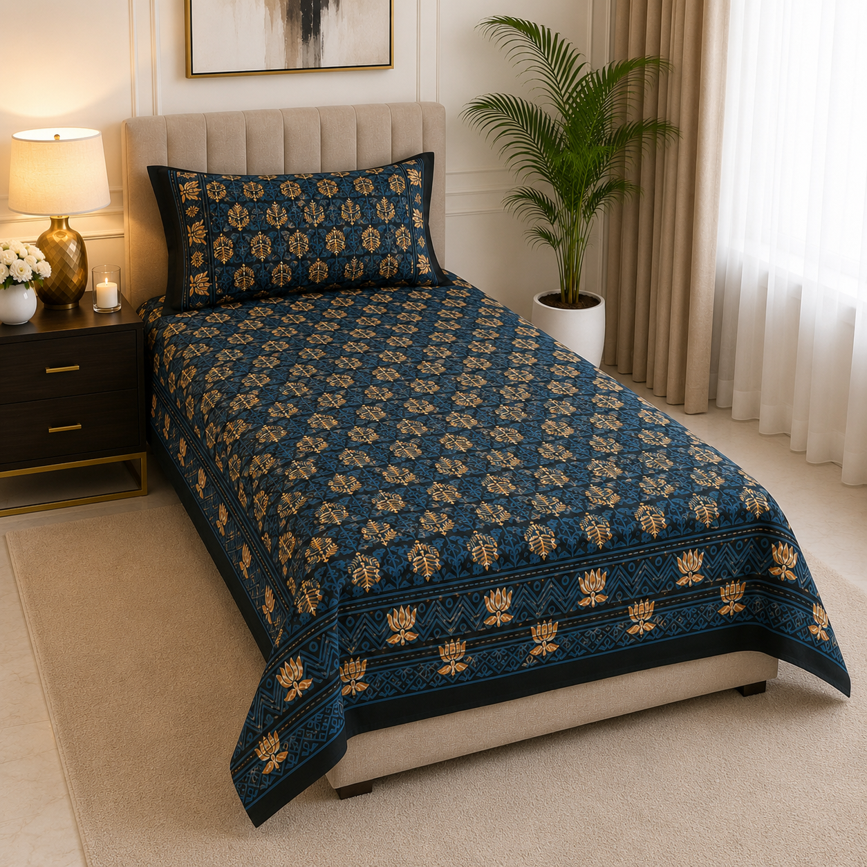 Floral Single Pure Cotton Bedsheet —Deep Grey