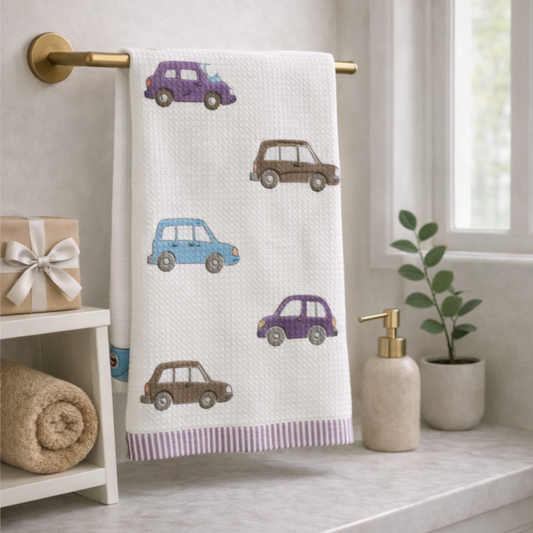 Kids Handblock Printed Waffle Towel-Car Carnival